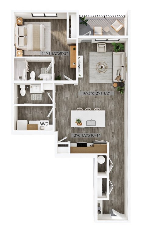Floor plan for 1 bed, 1 bath, 863 sqft